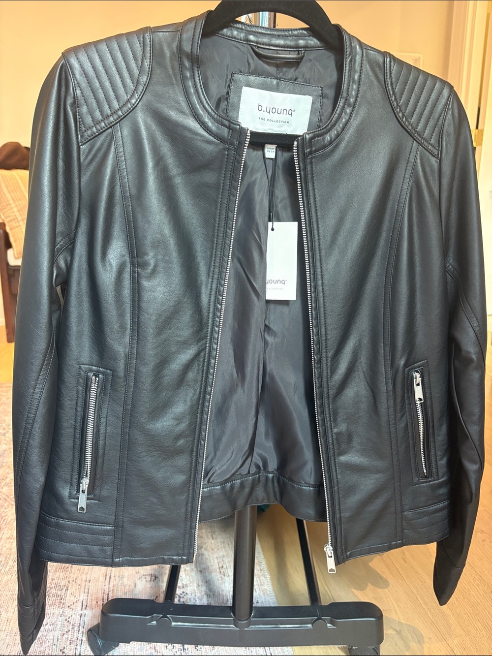 b.young Women's Black Faux Leather Biker Jacket